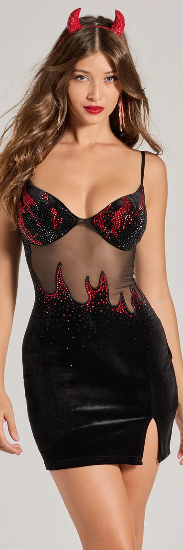 The Sabrina Rhinestone Flame Sheer Velvet Mini Dress is an elegant black formal dress in a rich seasonal color and with unique design accents that make dressing up for winter parties, holiday balls, or festive gatherings effortless!