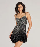 Own every entrance in the Rosalie Rhinestone Faux Pearl Ruffle Mini Dress, a black party dress perfect for milestone birthdays and grad parties, or dancing through summer nights and unforgettable bachelorette celebrations.