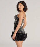 Own every entrance in the Rosalie Rhinestone Faux Pearl Ruffle Mini Dress, a black party dress perfect for milestone birthdays and grad parties, or dancing through summer nights and unforgettable bachelorette celebrations.