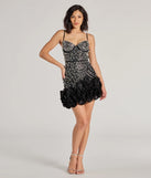Make a bold statement in the Rosalie Rhinestone Faux Pearl Ruffle Mini Dress in black, the perfect spring dress for weddings, cocktail hours, nights out, and/or seasonal celebrations.