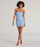 Make a bold statement in the Eliza Sleeveless Rhinestone Bodycon Dress in light blue, the perfect spring dress for weddings, cocktail hours, nights out, and/or seasonal celebrations.