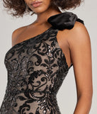 Make a bold statement in the Allison One-Shoulder Velvet Bow Sequin Mini Dress in black, the perfect spring dress for weddings, cocktail hours, nights out, and/or seasonal celebrations.