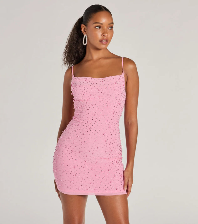 slim fit dress slacks Glitzy Girl Rhinestone And Pearl Bodycon Mini Dress main image 1