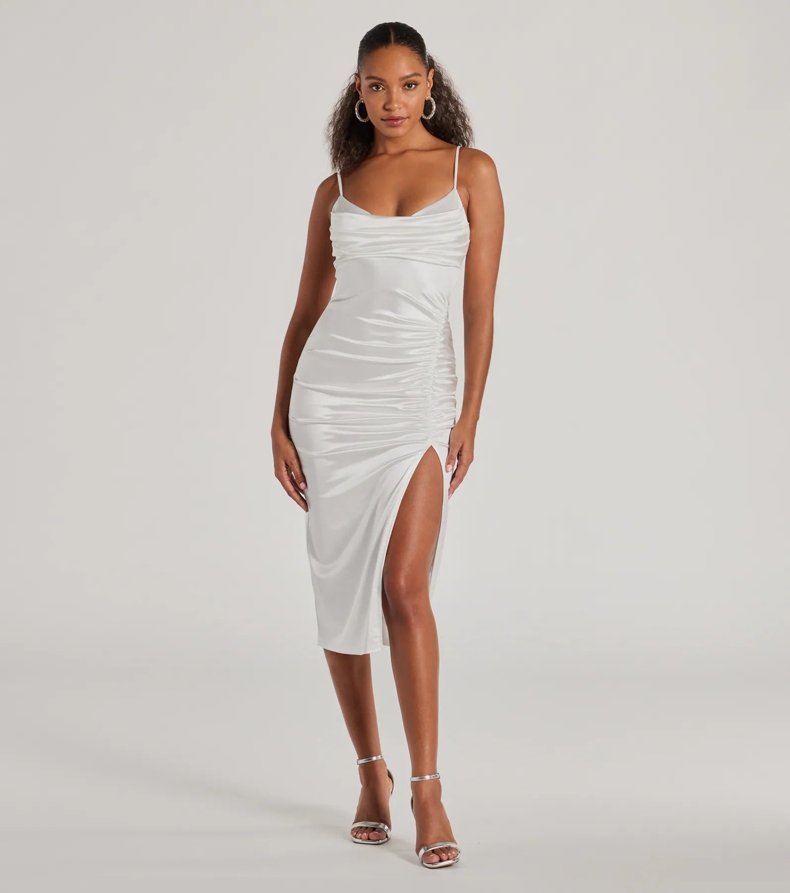 〈 FRAY I.D 〉 23AW satin tuck dress Kristen Formal Satin Cowl Neck Midi Dress | Windsor