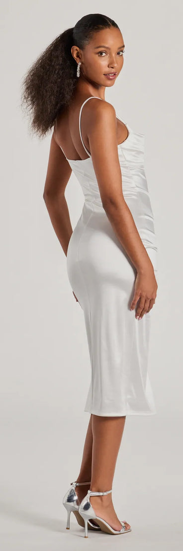 Feel instantly put-together in the Kristen Formal Satin Cowl Neck Midi Dress in white, a stylish wedding guest dress designed for confident style and all-out celebration.