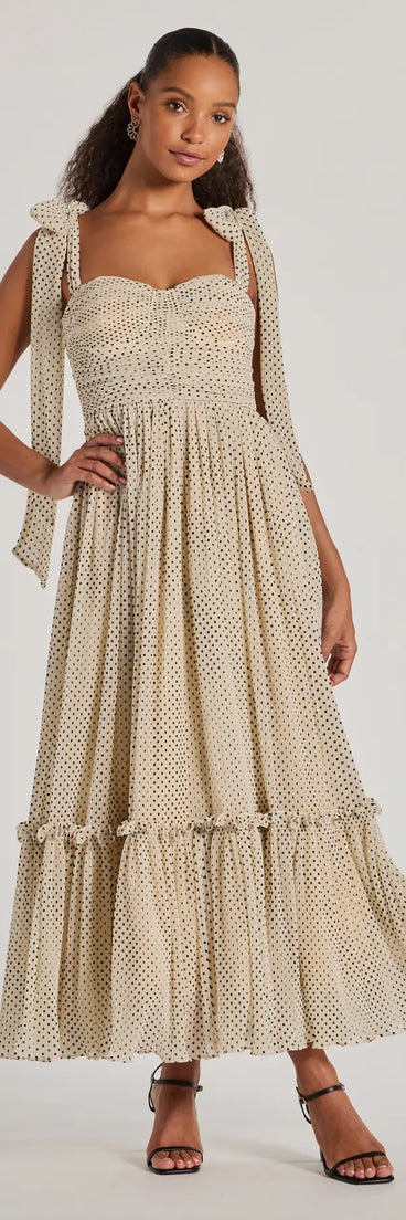 You'll look stunning in the Marnie Sweetheart Tie Strap Polka Dot Formal Midi Dress, a beige formal dress designed to create an effortless yet standout look as women's formal holiday attire, work party outfit, or NYE dress.