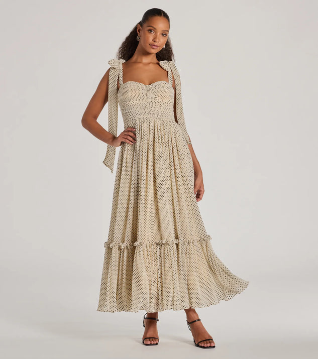 You'll look stunning in the Marnie Sweetheart Tie Strap Polka Dot Formal Midi Dress, a beige formal dress designed to create an effortless yet standout look as women's formal holiday attire, work party outfit, or NYE dress.