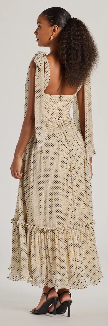 You'll look stunning in the Marnie Sweetheart Tie Strap Polka Dot Formal Midi Dress, a beige formal dress designed to create an effortless yet standout look as women's formal holiday attire, work party outfit, or NYE dress.