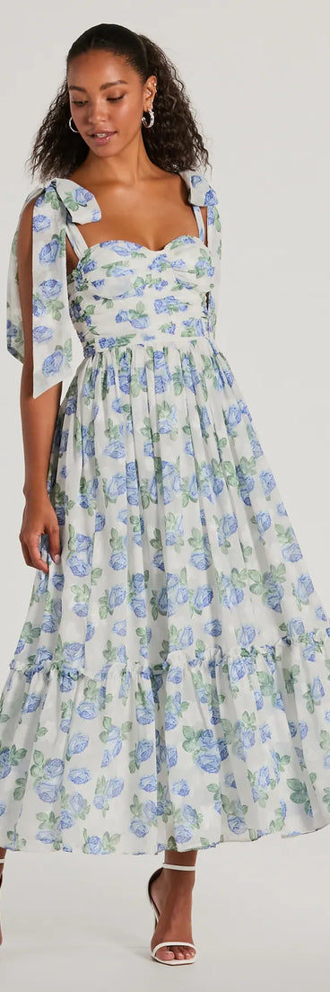 You'll look stunning in the Clara Sweetheart Floral Chiffon Midi Formal Dress, a light blue formal dress designed to create an effortless yet standout look as women's formal holiday attire, work party outfit, or NYE dress.