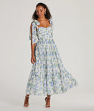 You'll look stunning in the Clara Sweetheart Floral Chiffon Midi Formal Dress, a light blue formal dress designed to create an effortless yet standout look as women's formal holiday attire, work party outfit, or NYE dress.