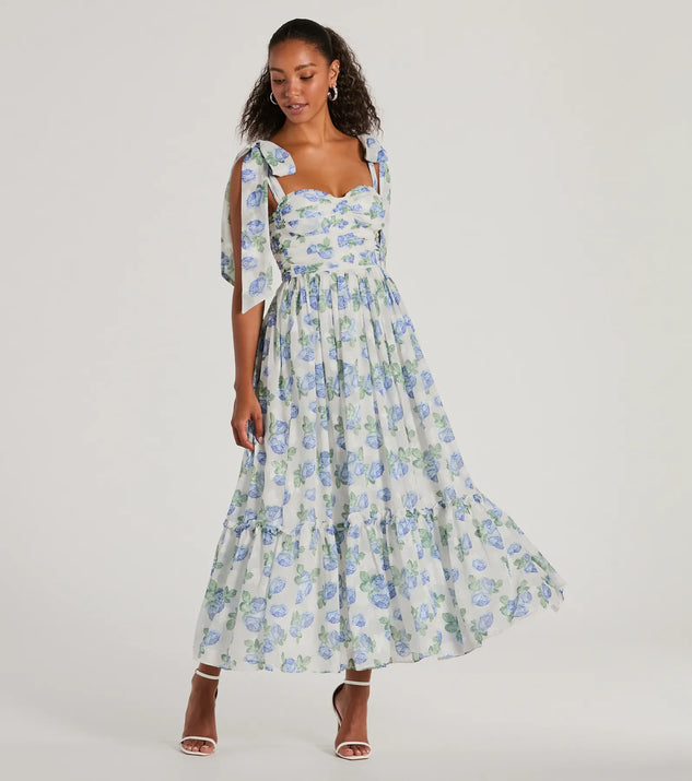 You'll look stunning in the Clara Sweetheart Floral Chiffon Midi Formal Dress, a light blue formal dress designed to create an effortless yet standout look as women's formal holiday attire, work party outfit, or NYE dress.