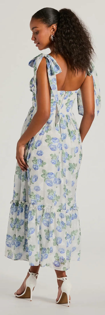 You'll look stunning in the Clara Sweetheart Floral Chiffon Midi Formal Dress, a light blue formal dress designed to create an effortless yet standout look as women's formal holiday attire, work party outfit, or NYE dress.