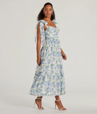 You'll look stunning in the Clara Sweetheart Floral Chiffon Midi Formal Dress, a light blue formal dress designed to create an effortless yet standout look as women's formal holiday attire, work party outfit, or NYE dress.
