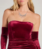 Revamp your 2025 wardrobe with this chic addition, the Caroline Velvet Strapless Dress With Gloves in burgundy, perfect for elevating your style in the new year.