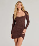 Toni Glitter Cowl Neck Mini Dress, a trendy brown mini dress featuring modern details and a fresh seasonal hue, perfect for creating chic 2025 looks.