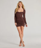 Make a bold statement in the Toni Glitter Cowl Neck Mini Dress in brown, the perfect summer dress for weddings, cocktail hours, nights out, and/or seasonal celebrations.