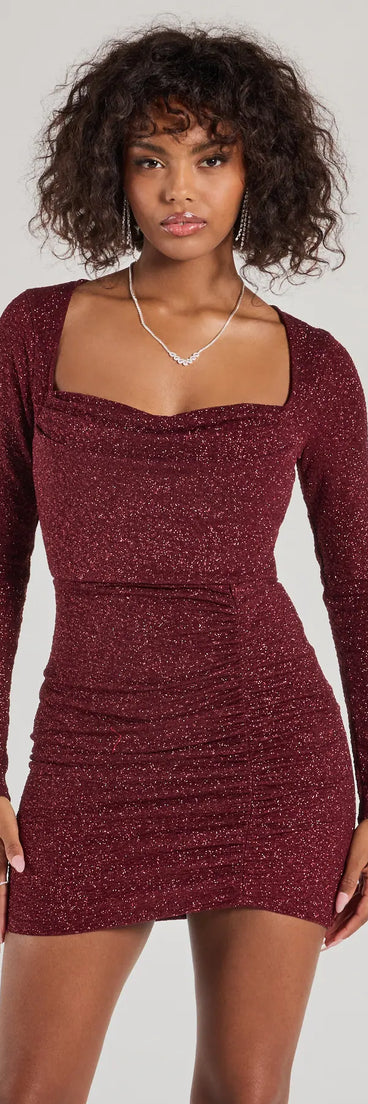 Steal the spotlight in the Toni Glitter Cowl Neck Mini Dress in wine, a fiery pick from the red homecoming dresses collection designed for bold entrances.