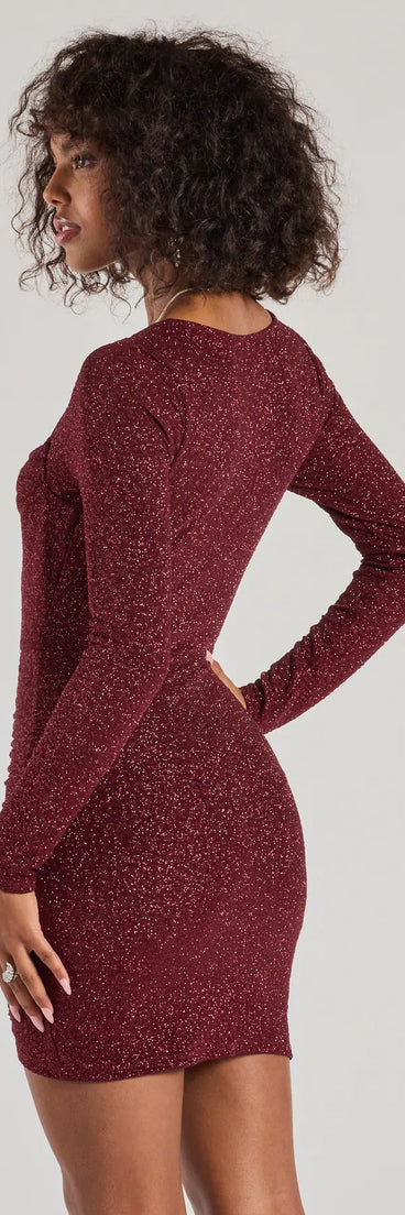 Flaunt your silhouette in the tight Toni Glitter Cowl Neck Mini Dress in wine, a bodycon dress that empowers your look with bold style and effortless edge.