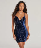 Own every entrance in the Heather Lace-Up Sequin Velvet Mini Dress, a navy blue party dress perfect for milestone birthdays and grad parties, or dancing through summer nights and unforgettable bachelorette celebrations.