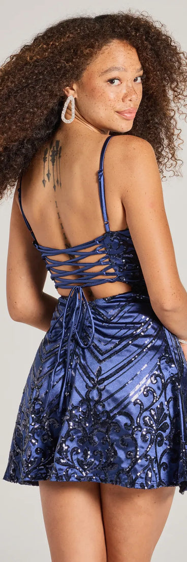 Own every entrance in the Carter Lace-Up Sequin A-Line Party Dress, a navy blue party dress perfect for milestone birthdays and grad parties, or dancing through autumn nights and unforgettable bachelorette celebrations.