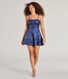 Make a bold statement in the Carter Lace-Up Sequin A-Line Party Dress in navy blue, the perfect spring dress for weddings, cocktail hours, nights out, and/or seasonal celebrations.