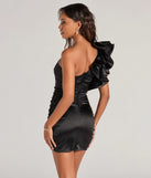 Own every entrance in the Cora Satin Ruffled One-Shoulder Bodycon Mini Dress, a black party dress perfect for milestone birthdays and grad parties, or dancing through summer nights and unforgettable bachelorette celebrations.