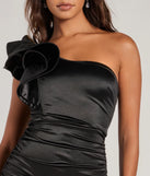 Revamp your 2025 wardrobe with this chic addition, the Cora Satin Ruffled One-Shoulder Bodycon Mini Dress in black, perfect for elevating your style in the new year.