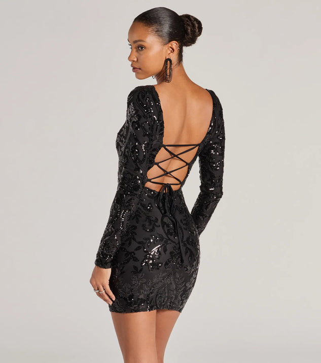chinese dress ladies Long Sleeve Sequin Bodycon Dress - Black