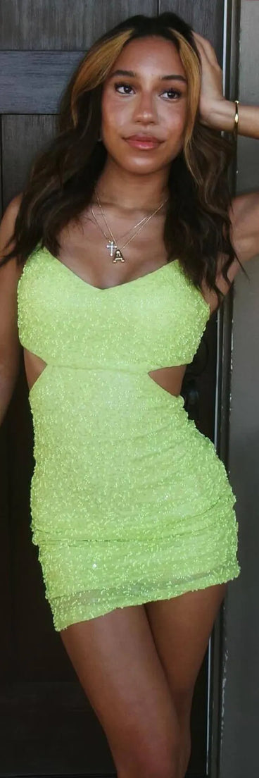 Own every entrance in the Penny Sequin Beaded Mesh Cutout Mini Dress, a lime green party dress perfect for milestone birthdays and grad parties, or dancing through summer nights and unforgettable bachelorette celebrations.