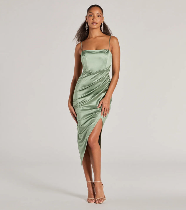 The midi dress length on the Harriet Formal Satin Corset Midi Dress provides an elevated silhouette perfect for any party, occasion, or everyday styling.