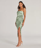 Revamp your 2025 wardrobe with this chic addition, the Harriet Formal Satin Corset Midi Dress in sage green, perfect for elevating your style in the new year.