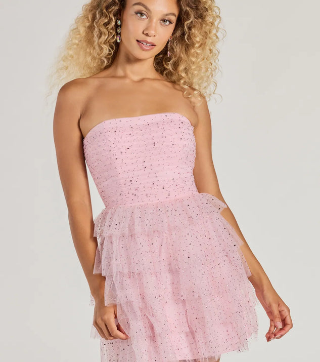 Bring a fun and feminine vibe with the Arie Strapless Rhinestone A-Line Party Dress, a scroll-stopping style from Windsor's pink homecoming dress collection that brings playful charm to every HOCO moment.