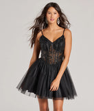Turn heads in the beaming Delani Sequin Corset Tulle A-Line Party Dress, a stunning black sequin dress designed to add sparkle and elegance to your next night out or special occasion.
