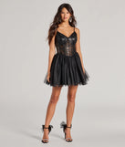 Make a bold statement in the Delani Sequin Corset Tulle A-Line Party Dress in black, the perfect spring dress for weddings, cocktail hours, nights out, and/or seasonal celebrations.