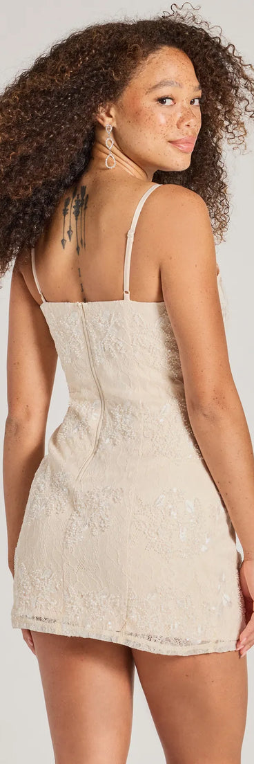 Own every entrance in the Odette Sequin Beaded Floral Lace Mini Dress, a ivory party dress perfect for milestone birthdays and grad parties, or dancing through summer nights and unforgettable bachelorette celebrations.