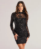 Kaelie Sequin Sheer Mesh Long Sleeve Mini Dress, a trendy black mini dress featuring modern details and a fresh seasonal hue, perfect for creating chic 2025 looks.