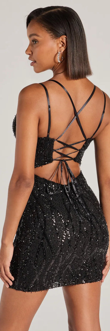 Style your seasonal looks with the Hartley Lace-Up Sequin Mesh Bodycon Mini Dress, a trend-right, black fall dress designed for any plan on your calendar with new and unqiue details.