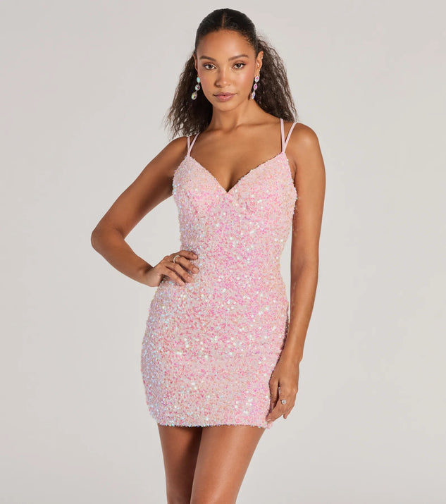 Turn heads at Prom 2025 in this pink prom dress, where statement-making details meet the iconic style of the Davina Sequin Lace-Up Bodycon Mini Dress .