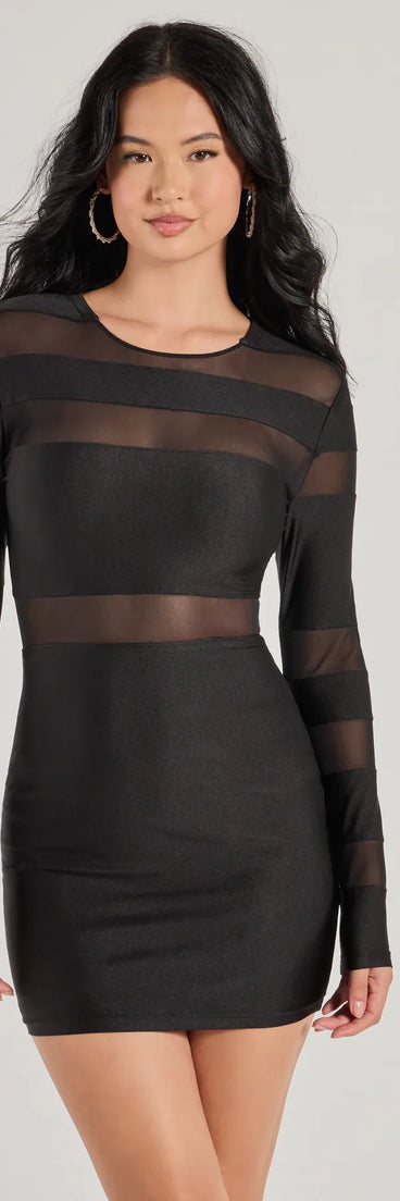 Delena Sheer Mesh Long Sleeve Bodycon Mini Dress, a trendy black mini dress featuring modern details and a fresh seasonal hue, perfect for creating chic 2025 looks.