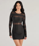 Delena Sheer Mesh Long Sleeve Bodycon Mini Dress, a trendy black mini dress featuring modern details and a fresh seasonal hue, perfect for creating chic 2025 looks.