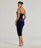 The Alice Corset Velvet Midi Formal Dress is a navy midi dress, featuring an elevated midi-length silhouette perfect for wedding guest attire, romantic date nights, or effortless everyday styling.