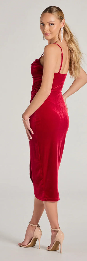 Alice Corset Velvet Midi Formal Dress in red , a stylish red dress with a flattering fit and fabric that adds allure to your look, perfect for wedding guest attire, cocktail events, or making a bold statement on a date night.