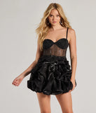 Ariana Rhinestone Satin Bubble Hem Skater Dress, a trendy black mini dress featuring modern details and a fresh seasonal hue, perfect for creating chic 2025 looks.
