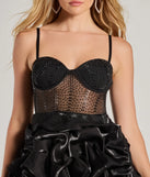 Ariana Rhinestone Satin Bubble Hem Skater Dress, a trendy black mini dress featuring modern details and a fresh seasonal hue, perfect for creating chic 2025 looks.