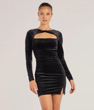 Adina Velvet Long Sleeve Open Back Mini Dress, a trendy black mini dress featuring modern details and a fresh seasonal hue, perfect for creating chic 2025 looks.