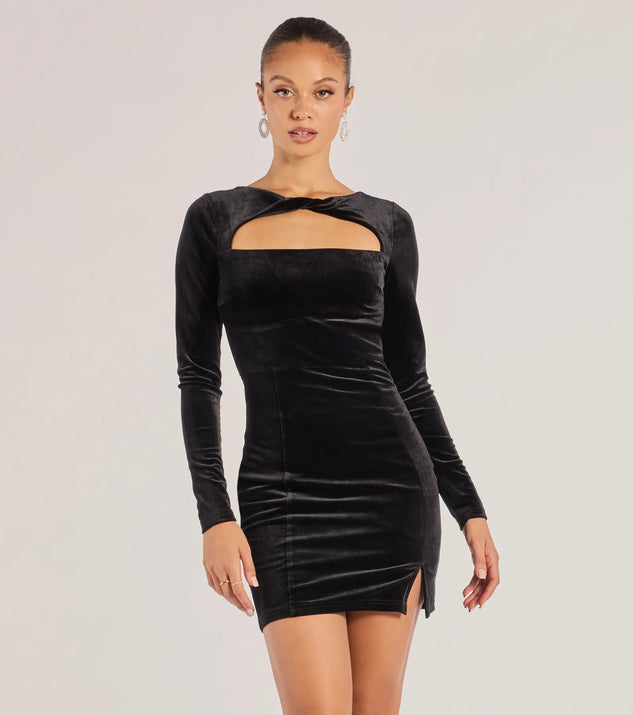 Adina Velvet Long Sleeve Open Back Mini Dress, a trendy black mini dress featuring modern details and a fresh seasonal hue, perfect for creating chic 2025 looks.