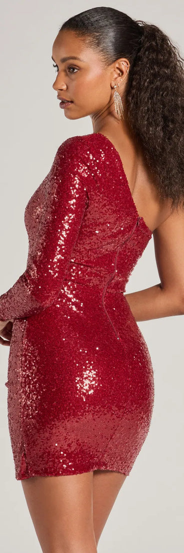 Own every entrance in the Sandra Sequin One-Shoulder Mini Dress, a red party dress perfect for milestone birthdays and grad parties, or dancing through autumn nights and unforgettable bachelorette celebrations.