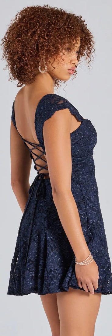 Own every entrance in the Ayzel Lace-Up A-Line Glitter Lace Dress, a navy blue party dress perfect for milestone birthdays and grad parties, or dancing through summer nights and unforgettable bachelorette celebrations.