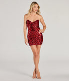 Make a bold statement in the Lilian Sequin Strapless Lace-Up Mini Dress in red, the perfect spring dress for weddings, cocktail hours, nights out, and/or seasonal celebrations.