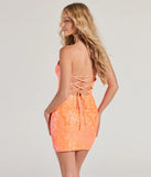 Own every entrance in the Lilian Sequin Strapless Lace-Up Mini Dress, a orange party dress perfect for milestone birthdays and grad parties, or dancing through summer nights and unforgettable bachelorette celebrations.